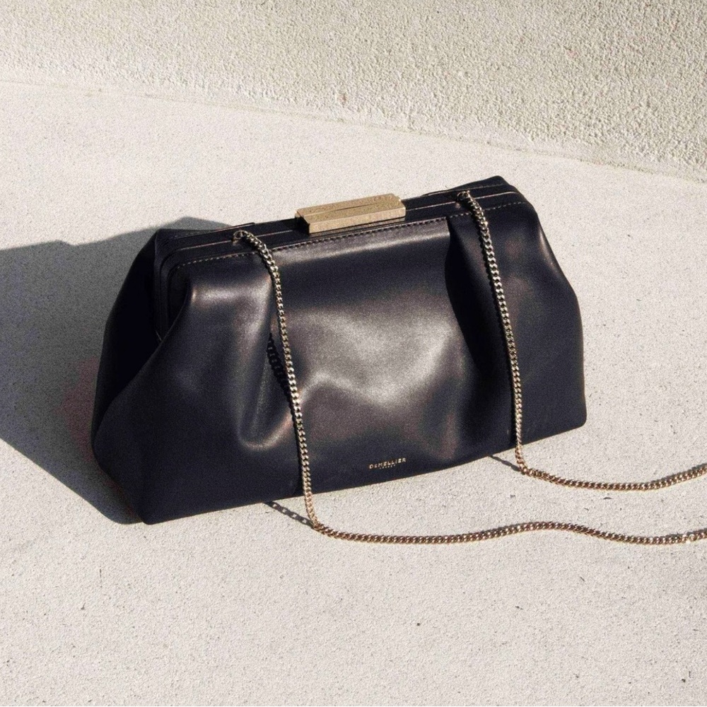 DeMellier Black Leather Frame-Top Shoulder Bag with Gold Chain